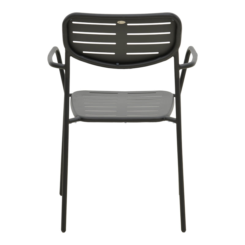 Елегантна црна метална фотелја Stackable Armchair Umberim со ергономски наслони за раце, чисти индустриски линии и функција за паметно редење една во друга