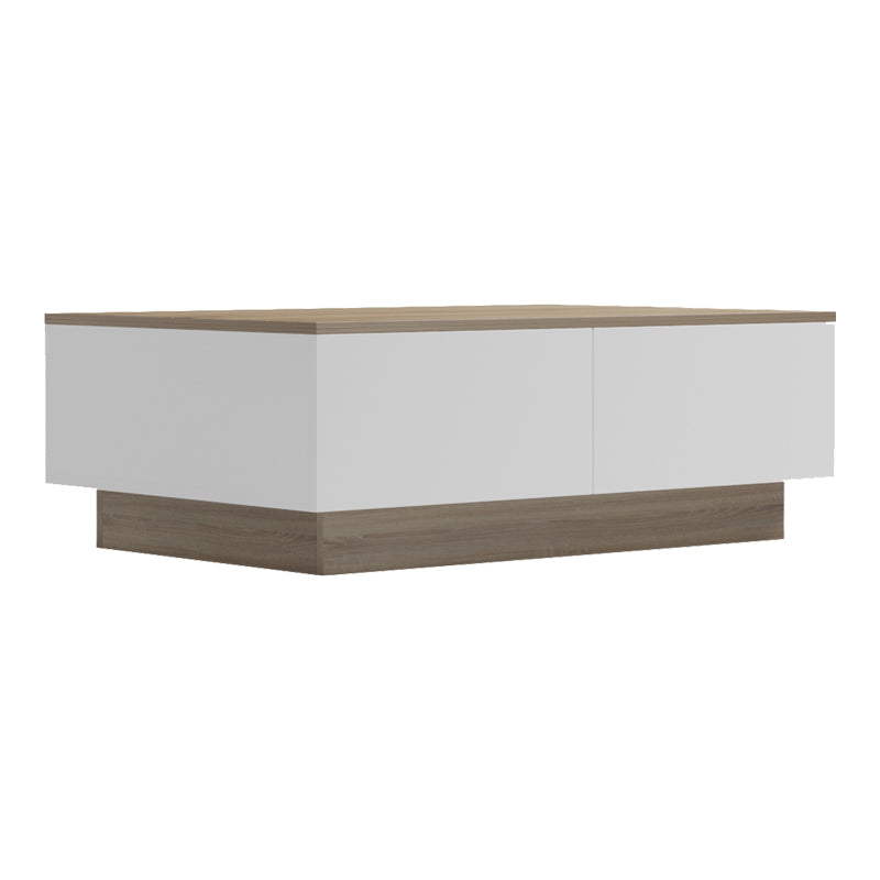 Модерна ниска клуб маса за кафе Coffee Table Weimaric со правоаголна плоча во текстура на сонома даб и засилена геометриска основа во мат бела боја