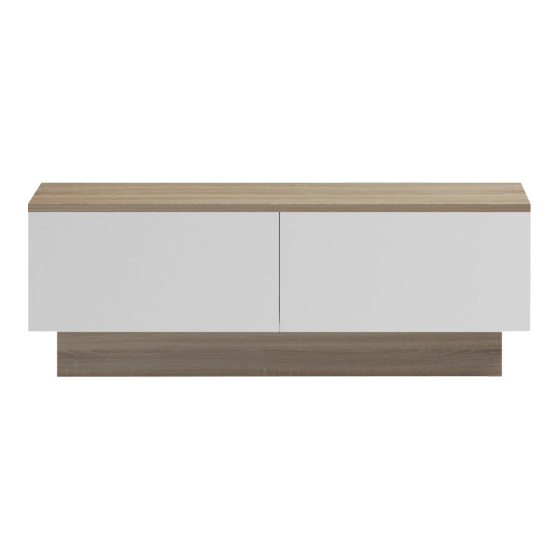 Модерна ниска клуб маса за кафе Coffee Table Weimaric со правоаголна плоча во текстура на сонома даб и засилена геометриска основа во мат бела боја