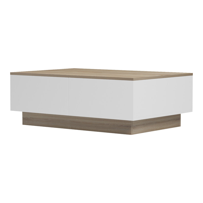 Модерна ниска клуб маса за кафе Coffee Table Weimaric со правоаголна плоча во текстура на сонома даб и засилена геометриска основа во мат бела боја