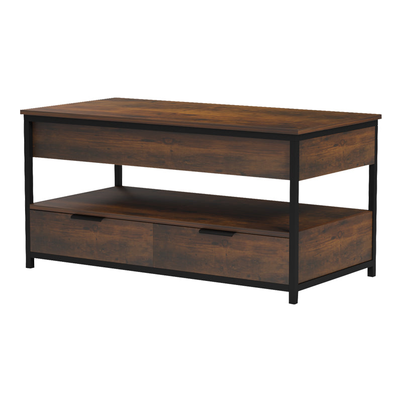 Индустриска и мултифункционална паметна клуб масичка Coffee Table Ultra со подигната горна плоча во рустично кафена боја врз стабилна црна метална рамка