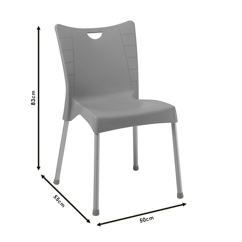 Модерен градинарски и трпезариски стол Zarvello во капучино боја со цврсти метални алуминиумски ногарки, изработен од засилен полипропилен за висок комфор