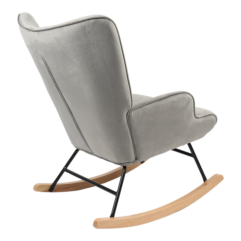Модерна, естетска и уникатна фотелја за лулање Rocking armchair Jarvisic со мек тапацир од префинето сиво кадифе и ергономски дрвени шини во природна нијанса