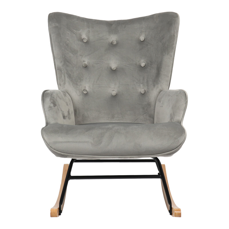Модерна, естетска и уникатна фотелја за лулање Rocking armchair Jarvisic со мек тапацир од префинето сиво кадифе и ергономски дрвени шини во природна нијанса