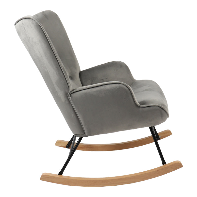 Модерна, естетска и уникатна фотелја за лулање Rocking armchair Jarvisic со мек тапацир од префинето сиво кадифе и ергономски дрвени шини во природна нијанса