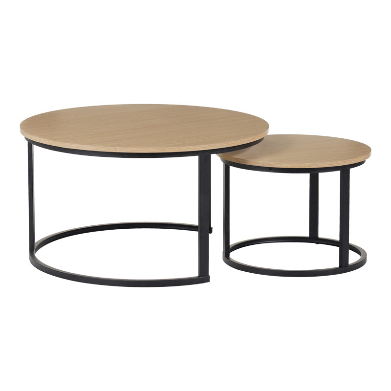 Модерен индустриски сет од две кружни клуб масички Coffee Tables Woodic во топол натур даб декор со стабилни мат црни метални ногарки