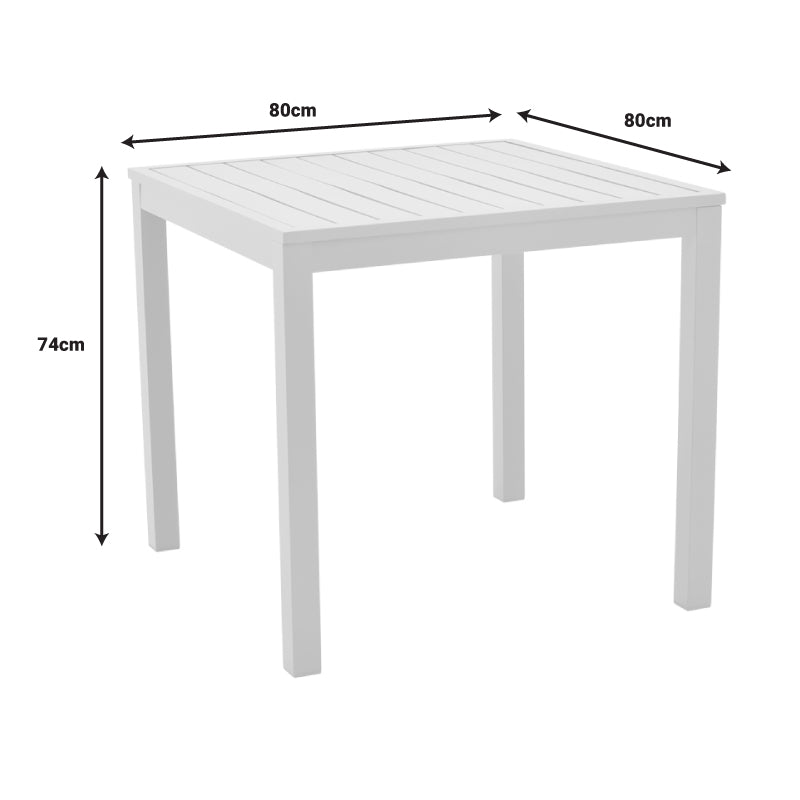 Компактен квадратен сет за јадење Edgeen со бела премиум алуминиумска конструкција и четири соодветни лесни столови за модерни простори