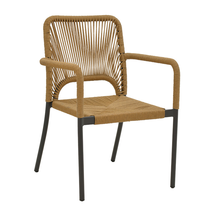 Модерна, естетска и уникатна редечка градинарска фотелја-стол Aluminum armchair Quebecic со темна антрацит алуминиумска рамка и седиште во нијанса на природен ратан