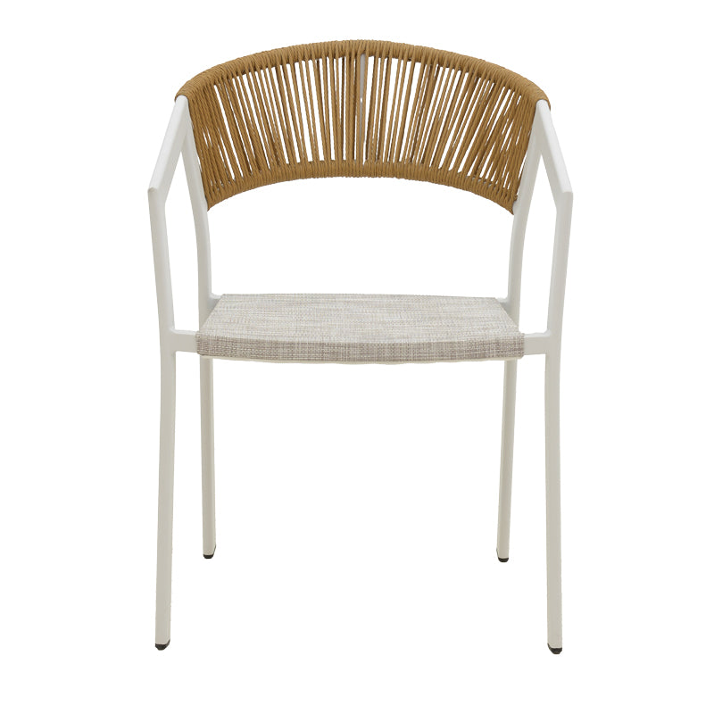 Модерен, естетски и уникатен редечки градинарски стол Aluminum armchair Quayic со бела алуминиумска рамка и седиште од текстилен во нијанса на природен ратан