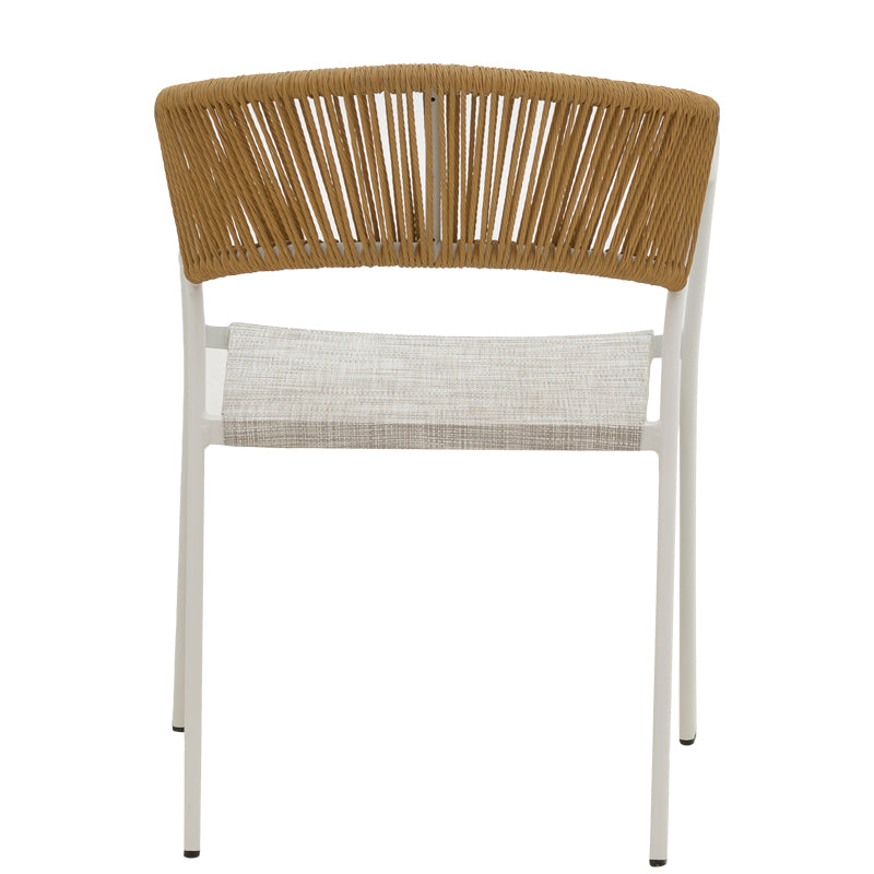Модерен, естетски и уникатен редечки градинарски стол Aluminum armchair Quayic со бела алуминиумска рамка и седиште од текстилен во нијанса на природен ратан
