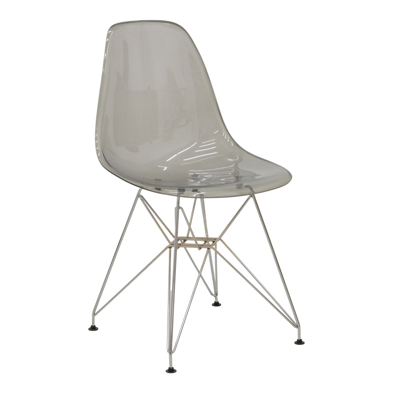 Модерна минималистичка трпезариска столица Chair Xenova изработена од цврст проѕирен сив полипропилен со сјајни хромирани инокс ногарки