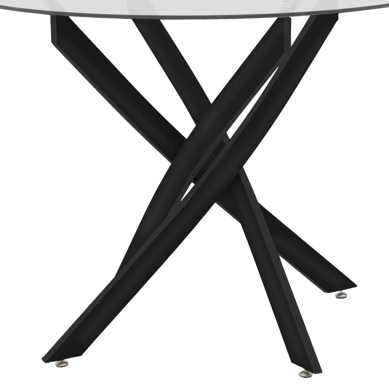 Модерна кружна трпезариска маса Table Xenous со проширена горна површина од рефлектирачко црно калено стакло и цврсти вкрстени црни метални ногарки