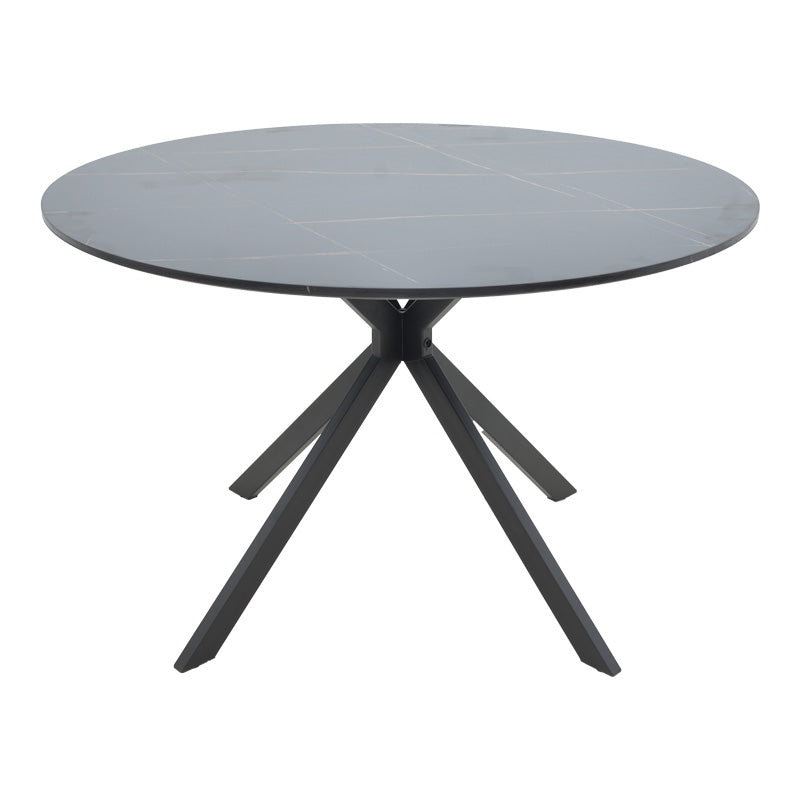 Ексклузивна тркалезна трпезариска маса Dining table Xanic со раскошна горна плоча во црн мермер декор и архитектонски засилени црни метални ногарки