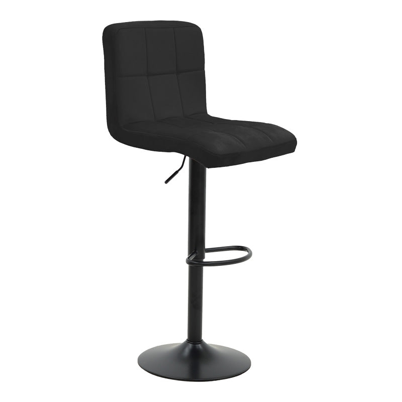 Модерна лоунџ барска столица Bar Stool Welic обложена со премиум црно кадифе, опремена со висински прилагодлив механизам и стабилна кружна мат црна основа