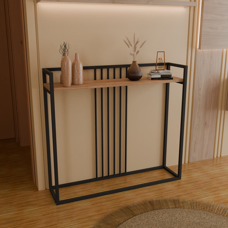Модерна индустриска конзолна маса Console Table Wardic со горна плоча во текстура на природен даб и витка, цврста метална рамка во мат црна боја