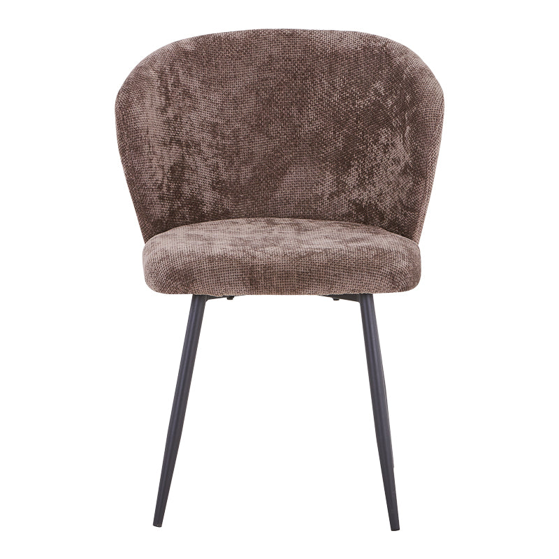 Модерна трпезариска лоунџ столица Chair Xenote тапацирана во засилена топла кафена ткаенина со комфорни наслони и цврсти коси црни метални ногарки