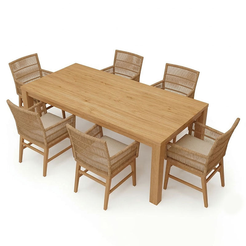 Модерен и луксузен трпезариски сет Dining table Xenoda од голема правоаголна маса со топол дрвен декор и шест тапацирани беж столови