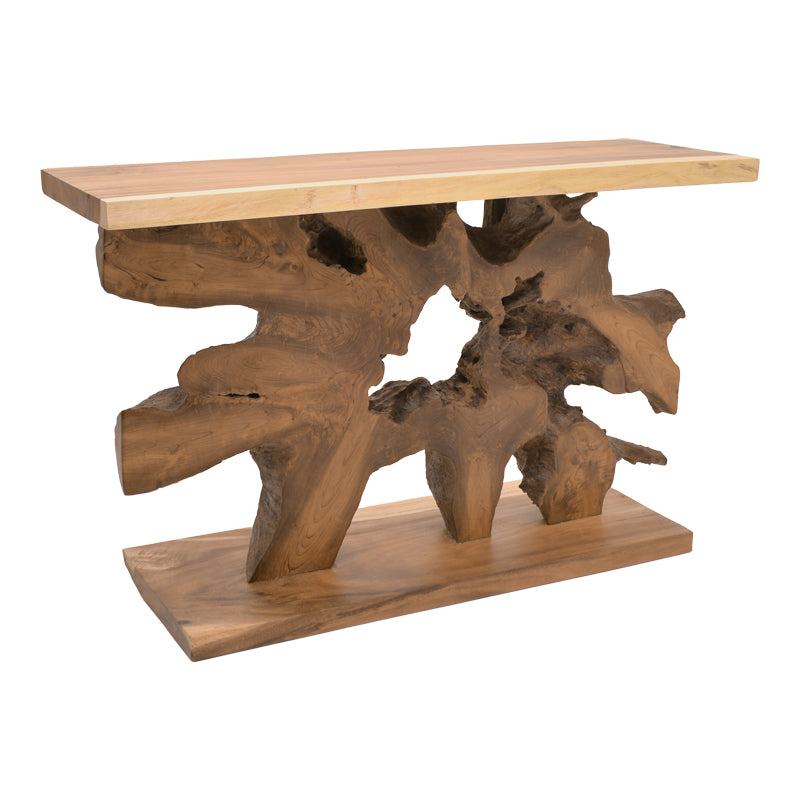 Модерна рустична конзолна маса Console Table Veder изработена од вистинско масивно тиково дрво во природна натур боја, со карактеристична органска текстура на годовите