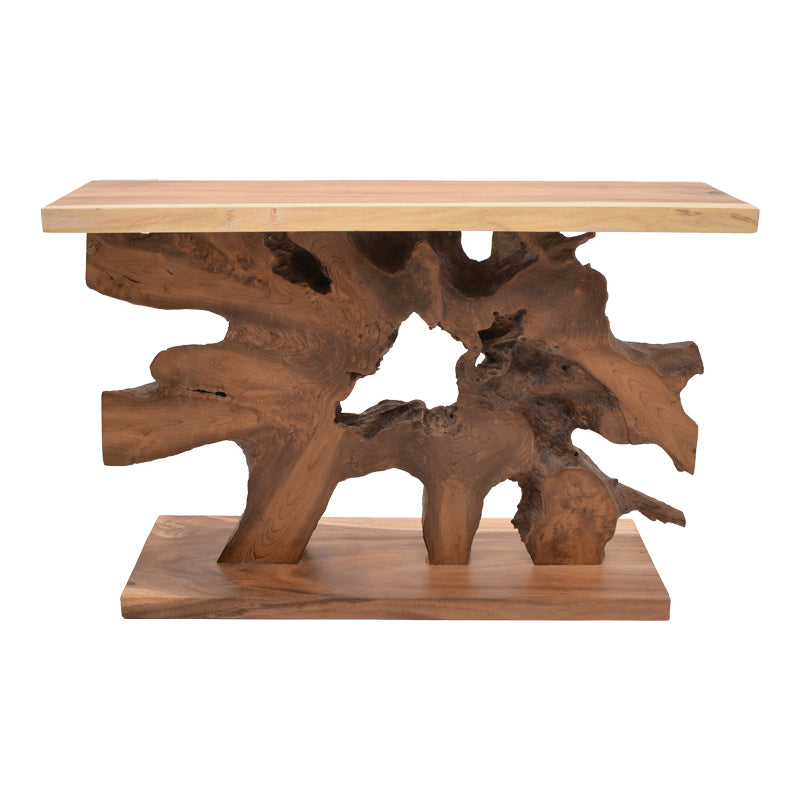 Модерна рустична конзолна маса Console Table Veder изработена од вистинско масивно тиково дрво во природна натур боја, со карактеристична органска текстура на годовите