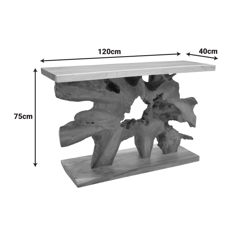 Модерна рустична конзолна маса Console Table Veder изработена од вистинско масивно тиково дрво во природна натур боја, со карактеристична органска текстура на годовите