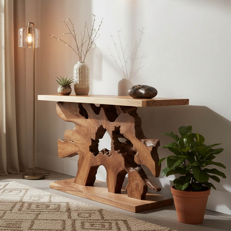 Модерна рустична конзолна маса Console Table Veder изработена од вистинско масивно тиково дрво во природна натур боја, со карактеристична органска текстура на годовите