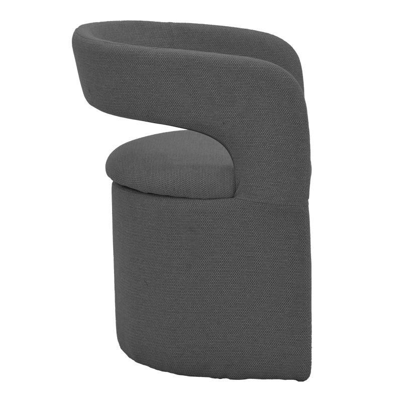 Модерна лоунџ трпезариска фотелја Armchair Umbax со паметна ергономска форма, наслони за раце и мека мат антрацит сива ткаенина врз стабилна темна база