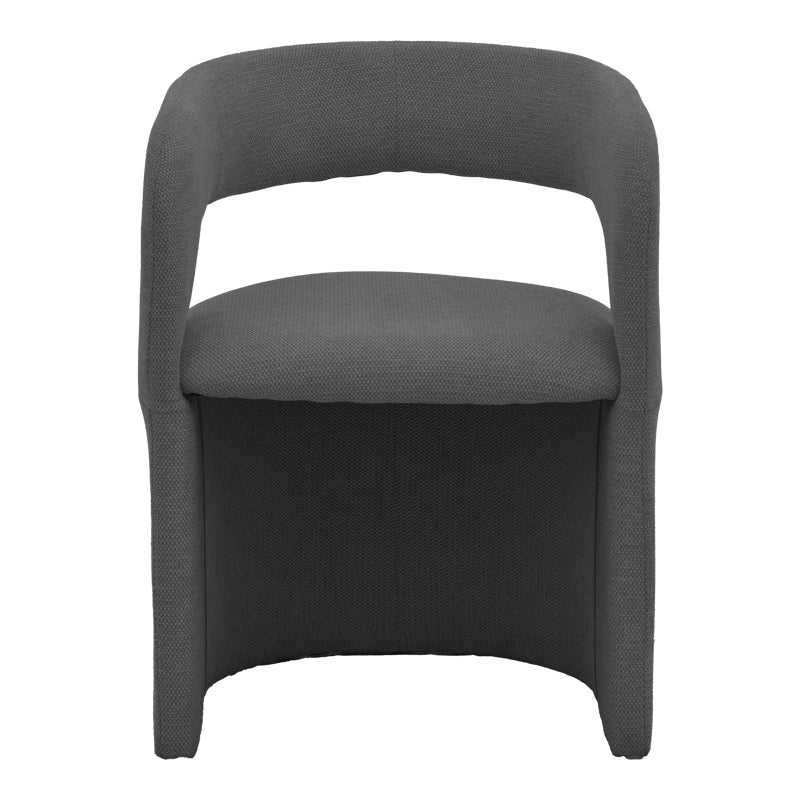 Модерна лоунџ трпезариска фотелја Armchair Umbax со паметна ергономска форма, наслони за раце и мека мат антрацит сива ткаенина врз стабилна темна база