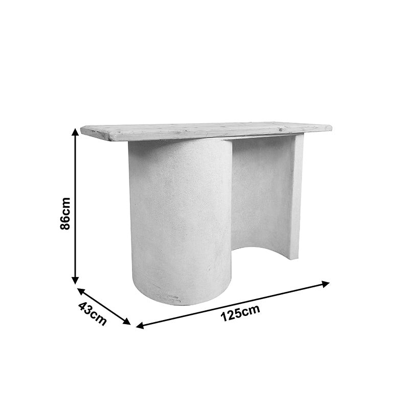 Модерна, естетска и уникатна конзолна маса Console Table Rific со горна површина во природна нијанса на даб и зајакната естетска шасија во чиста бела боја