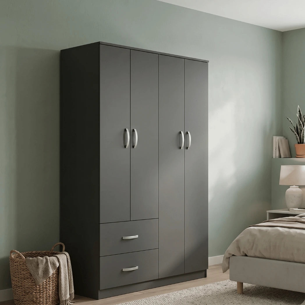 FOUR-DOOR MODERN WARDROBE BARI WITH MULTIPLE SHELVES AND HANGING RAIL - ANTRACIT (120 x 180 CM)